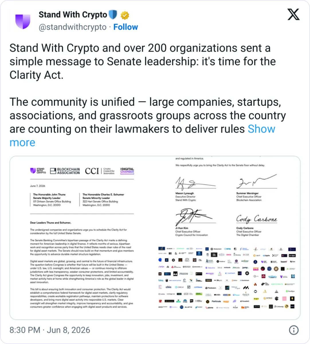 أكثر من 200 شركة تشفُّر تحث مجلس الشيوخ على تمرير قانون الوضوح