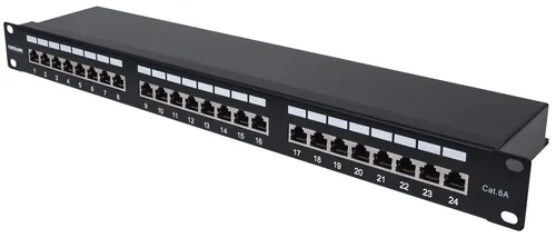 مقارنة لوحة تجميع Cat6 UTP RJ45 48 منفذ 2U لتركيب الرف - 110 توصيل لرف خادم الشبكة مع لوحة تجميع Cat6a FTP محمية 24 منفذ 1U - دخول علوي بزاوية 90 درجة للتثبيت، أسود