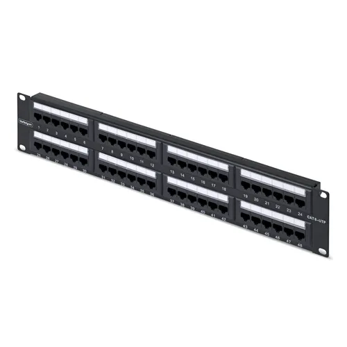 مقارنة لوحة تجميع Cat6 UTP RJ45 48 منفذ 2U لتركيب الرف - 110 توصيل لرف خادم الشبكة مع لوحة تجميع Cat6a FTP محمية 24 منفذ 1U - دخول علوي بزاوية 90 درجة للتثبيت، أسود