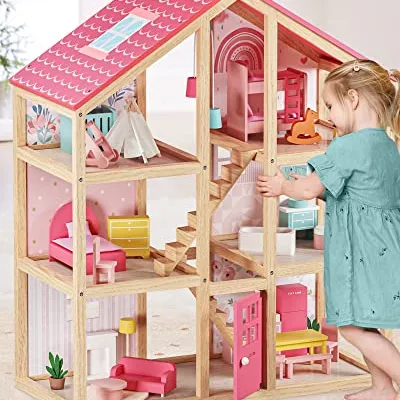 بيت الدمى الخشبي الوردي بـ 6 غرف من Tiny Land