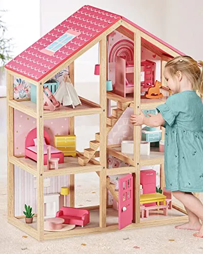 صورة بيت الدمى الخشبي الوردي بـ 6 غرف من Tiny Land