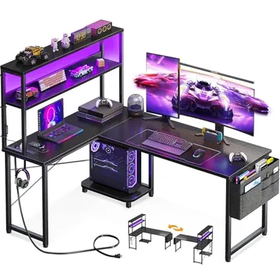 مكتب ألعاب AODK بتصميم حرف L مقاس 53 بوصة أسود 53 Inch