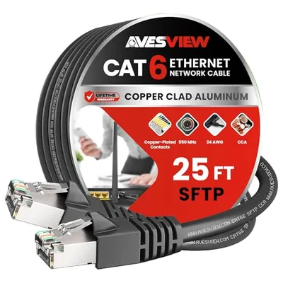 كابل إيثرنت AvesView CAT6 SFTP بطول 25 قدمًا أسود 25 FT