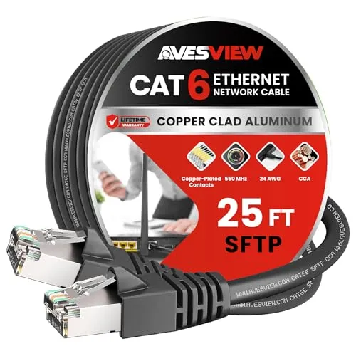 صورة كابل إيثرنت AvesView CAT6 SFTP بطول 25 قدمًا أسود 25 FT