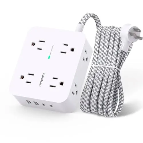 صورة شريط طاقة HANYCONY بـ 8 منافذ تيار متردد و4 منافذ USB وكابل 5 أقدام 5 ft