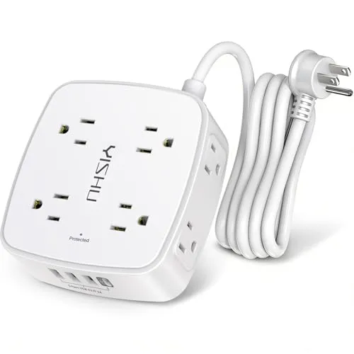 صورة YISHU واقي زيادة التيار بـ 8 منافذ تيار متردد و4 منافذ USB، 6 أقدام، أبيض 6 ft