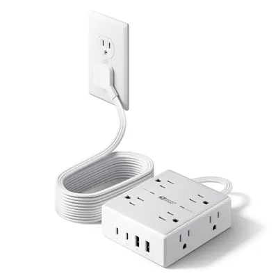 شريط طاقة SUPERDANNY واقي زيادة التيار بقابس مسطح 10 قدم، 8 منافذ تيار متردد و 4 USB 10 FT