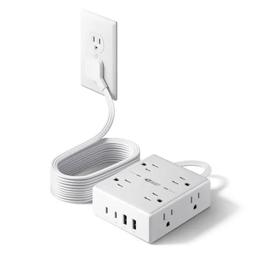 صورة شريط طاقة SUPERDANNY واقي زيادة التيار بقابس مسطح 10 قدم، 8 منافذ تيار متردد و 4 USB 10 FT
