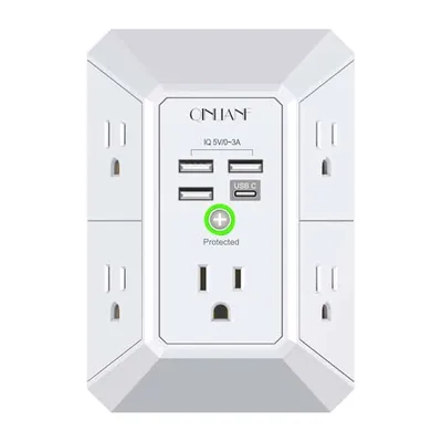 واقي التيار QINLIANF الجداري بـ 5 منافذ و 4 USB، أبيض
