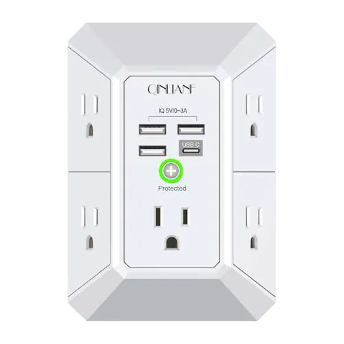 صورة واقي التيار QINLIANF الجداري بـ 5 منافذ و 4 USB، أبيض