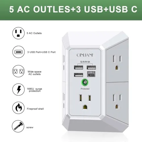 Thumbnail 3 of واقي التيار QINLIANF الجداري بـ 5 منافذ و 4 USB، أبيض