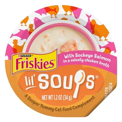 مُعزز طعام القطط Friskies Lil' Soups سمك السلمون سوكاي - عبوة 8