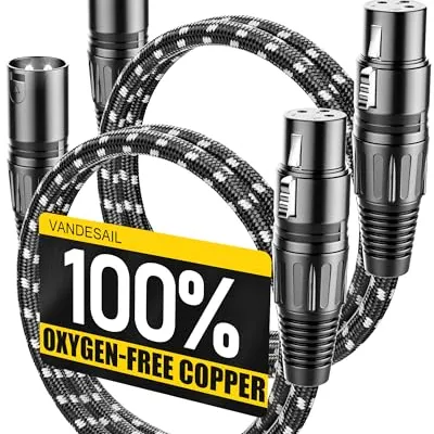 كابل ميكروفون VANDESAIL XLR بطول 3 أقدام، عبوة من قطعتين، أسود-أبيض 3 ft